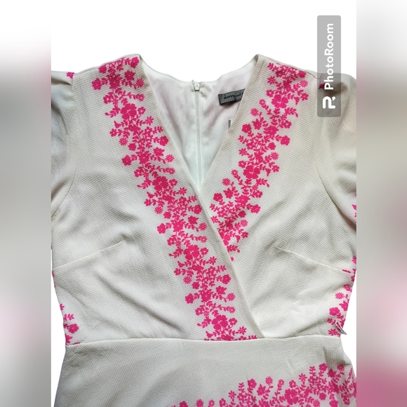 Danny and Nicole Ivory hot pink floral stripe textured faux-wrap dress size 12 - Picture 4 of 16